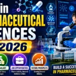 PhD in Pharmaceutical Sciences 2026 thumbnail featuring a pharmaceutical researcher working with a microscope, AI drug discovery visuals, DNA structure, molecular research graphics, pharma company buildings, and career opportunities in pharmaceutical sciences.