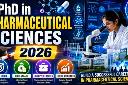 PhD in Pharmaceutical Sciences 2026 thumbnail featuring a pharmaceutical researcher working with a microscope, AI drug discovery visuals, DNA structure, molecular research graphics, pharma company buildings, and career opportunities in pharmaceutical sciences.