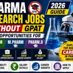 YouTube thumbnail about Pharma Research Jobs without GPAT featuring laboratory equipment, microscope, scientific glassware, and bold text highlighting career opportunities for B.Pharm, M.Pharm, and Pharm.D graduates with eligibility, salary, career growth, and application guidance for 2026.