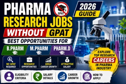YouTube thumbnail about Pharma Research Jobs without GPAT featuring laboratory equipment, microscope, scientific glassware, and bold text highlighting career opportunities for B.Pharm, M.Pharm, and Pharm.D graduates with eligibility, salary, career growth, and application guidance for 2026.