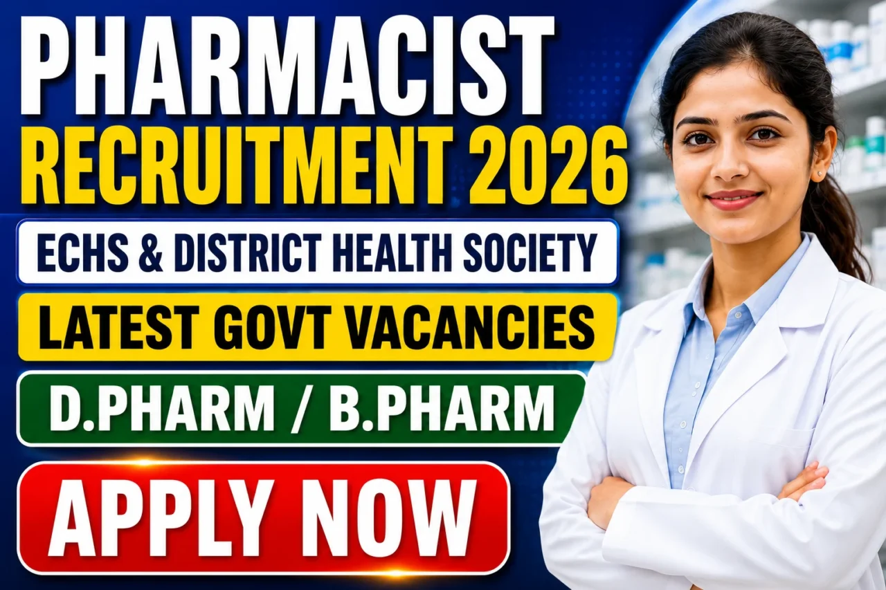Pharmacist Recruitment 2026 thumbnail featuring latest government pharmacy vacancies in ECHS and District Health Society for D.Pharm and B.Pharm candidates.