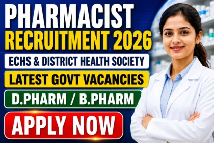 Pharmacist Recruitment 2026 thumbnail featuring latest government pharmacy vacancies in ECHS and District Health Society for D.Pharm and B.Pharm candidates.