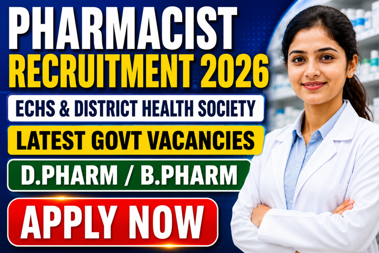 Pharmacist Recruitment 2026 thumbnail featuring latest government pharmacy vacancies in ECHS and District Health Society for D.Pharm and B.Pharm candidates.