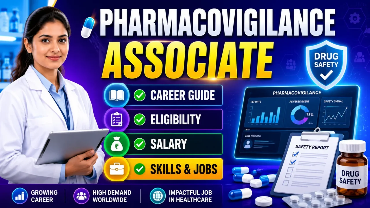 Pharmacovigilance Associate career guide thumbnail featuring a pharmacist in a lab coat, drug safety dashboard, medicine capsules, and highlights for eligibility, salary, skills, and job opportunities.