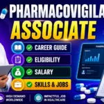 Pharmacovigilance Associate career guide thumbnail featuring a pharmacist in a lab coat, drug safety dashboard, medicine capsules, and highlights for eligibility, salary, skills, and job opportunities.