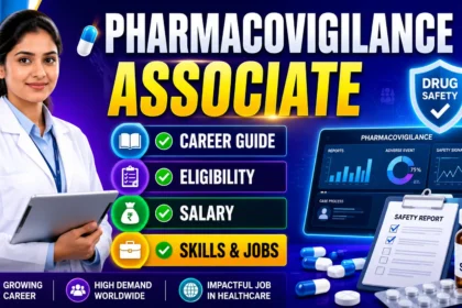 Pharmacovigilance Associate career guide thumbnail featuring a pharmacist in a lab coat, drug safety dashboard, medicine capsules, and highlights for eligibility, salary, skills, and job opportunities.