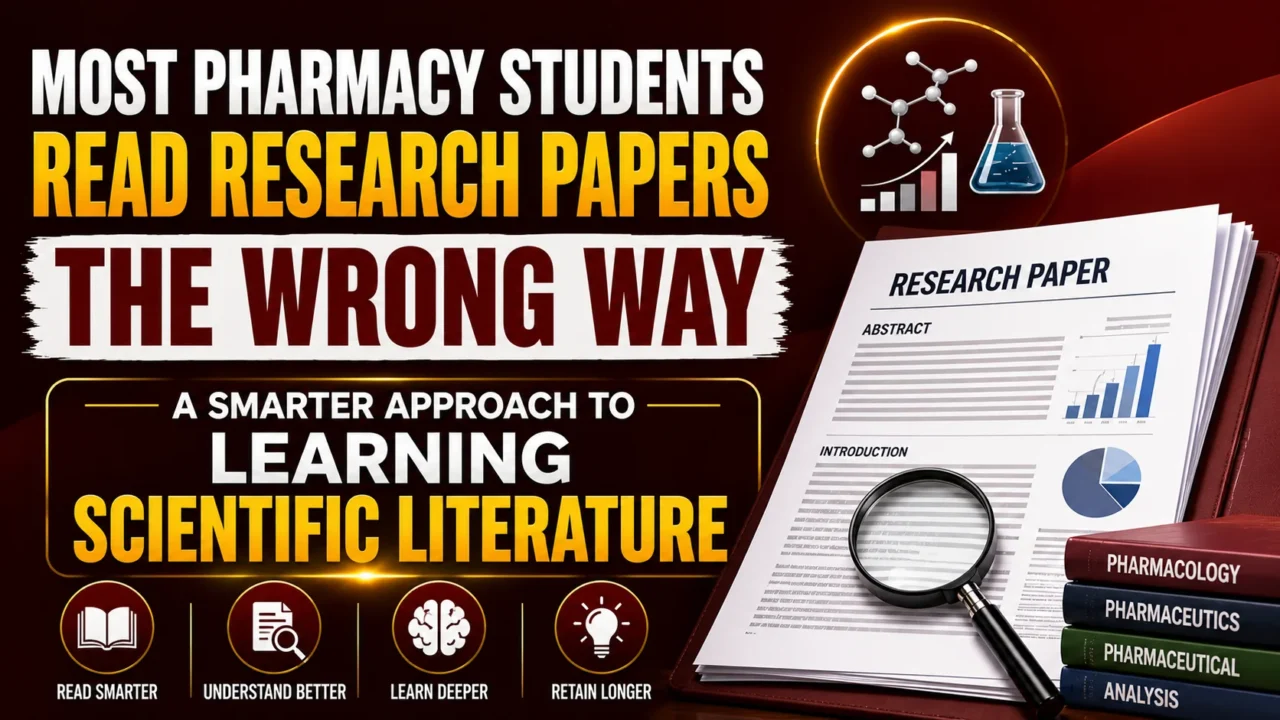 YouTube thumbnail about research paper reading strategies for pharmacy students, featuring research documents, scientific icons, graphs, magnifying glass, and pharmacy books on a maroon gradient background.
