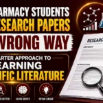 YouTube thumbnail about research paper reading strategies for pharmacy students, featuring research documents, scientific icons, graphs, magnifying glass, and pharmacy books on a maroon gradient background.