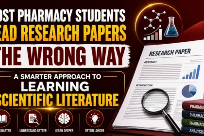 YouTube thumbnail about research paper reading strategies for pharmacy students, featuring research documents, scientific icons, graphs, magnifying glass, and pharmacy books on a maroon gradient background.