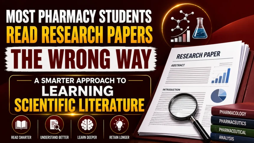 YouTube thumbnail about research paper reading strategies for pharmacy students, featuring research documents, scientific icons, graphs, magnifying glass, and pharmacy books on a maroon gradient background.