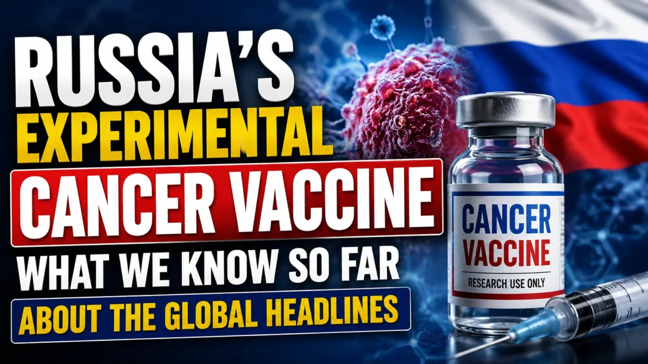 Thumbnail showing Russia’s experimental cancer vaccine with a vaccine vial, syringe, cancer cell illustration, and Russian flag background highlighting global cancer research developments.
