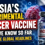 Thumbnail showing Russia’s experimental cancer vaccine with a vaccine vial, syringe, cancer cell illustration, and Russian flag background highlighting global cancer research developments.