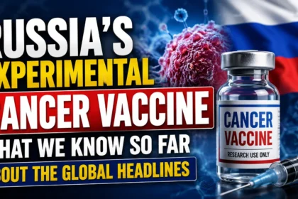 Thumbnail showing Russia’s experimental cancer vaccine with a vaccine vial, syringe, cancer cell illustration, and Russian flag background highlighting global cancer research developments.