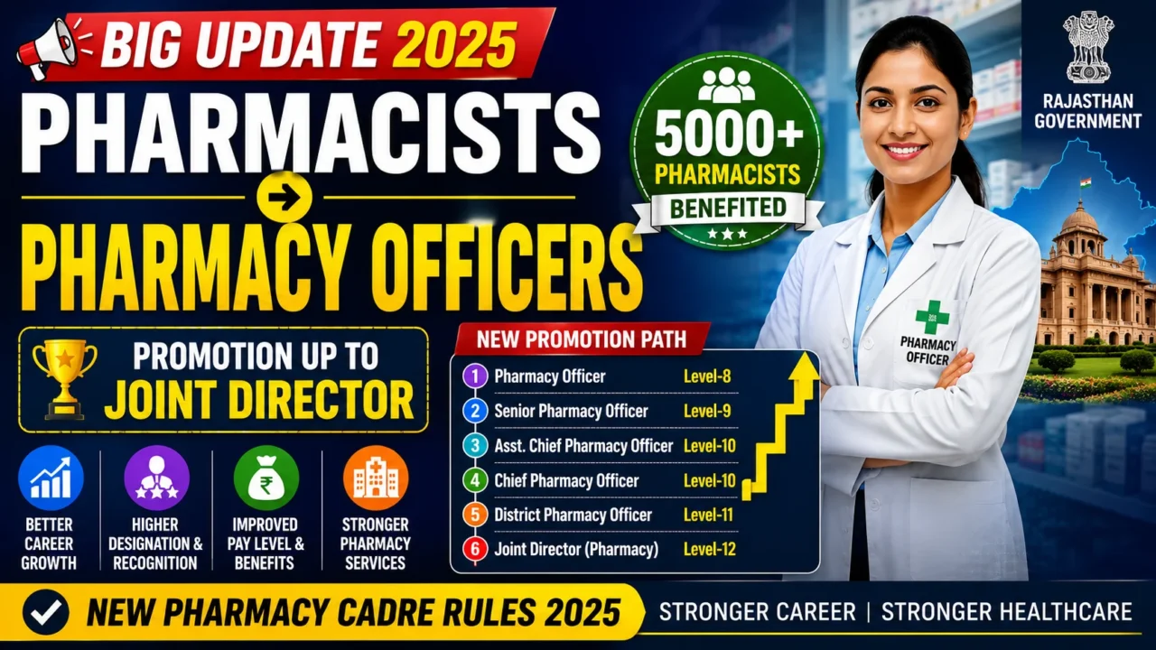 Rajasthan Pharmacy Cadre Rules 2025 thumbnail showing pharmacists redesignated as Pharmacy Officers with promotion opportunities up to Joint Director and benefits for over 5,000 government pharmacists.