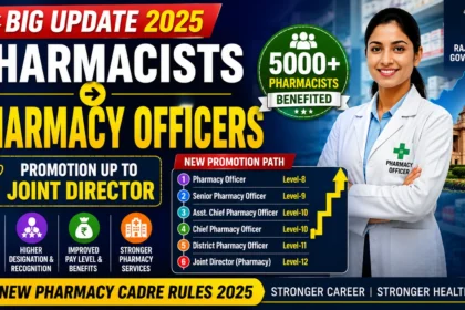 Rajasthan Pharmacy Cadre Rules 2025 thumbnail showing pharmacists redesignated as Pharmacy Officers with promotion opportunities up to Joint Director and benefits for over 5,000 government pharmacists.