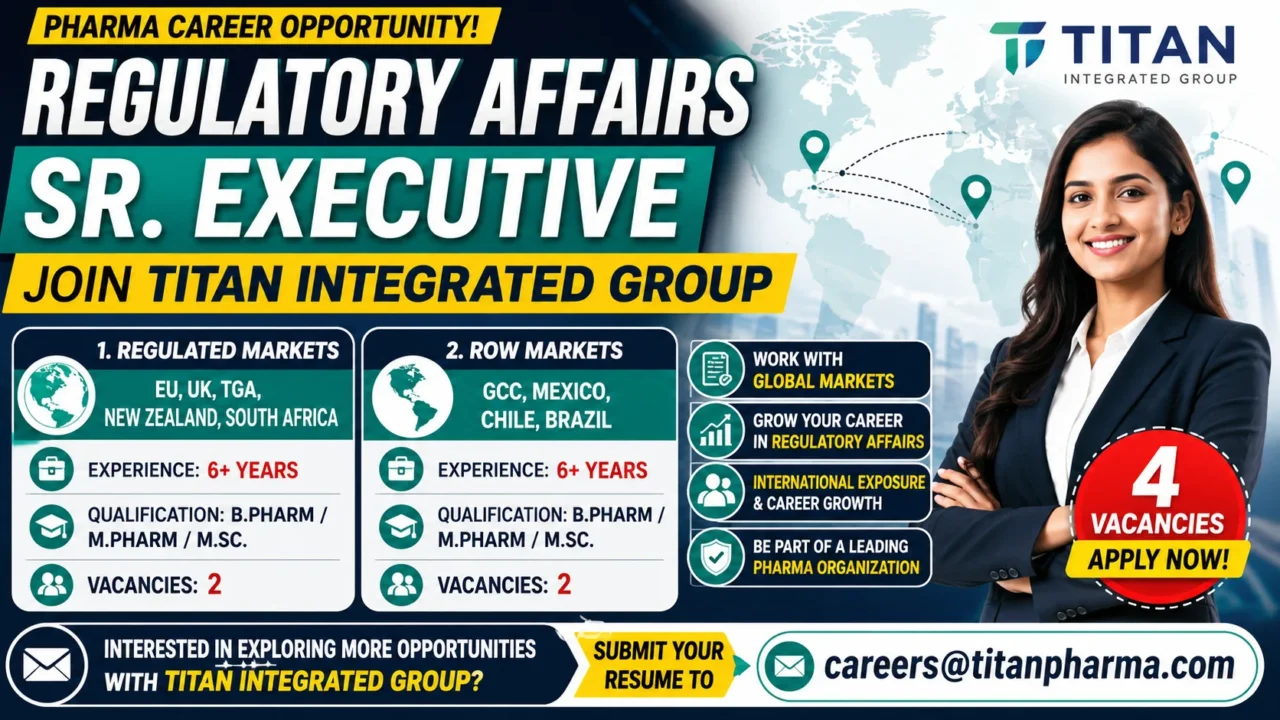 Eye-catching recruitment thumbnail for Titan Integrated Group featuring Regulatory Affairs Sr Executive vacancies for regulated and ROW markets, highlighting global opportunities, 6+ years experience requirement, B.Pharm/M.Pharm/M.Sc qualifications, and 4 open positions.
