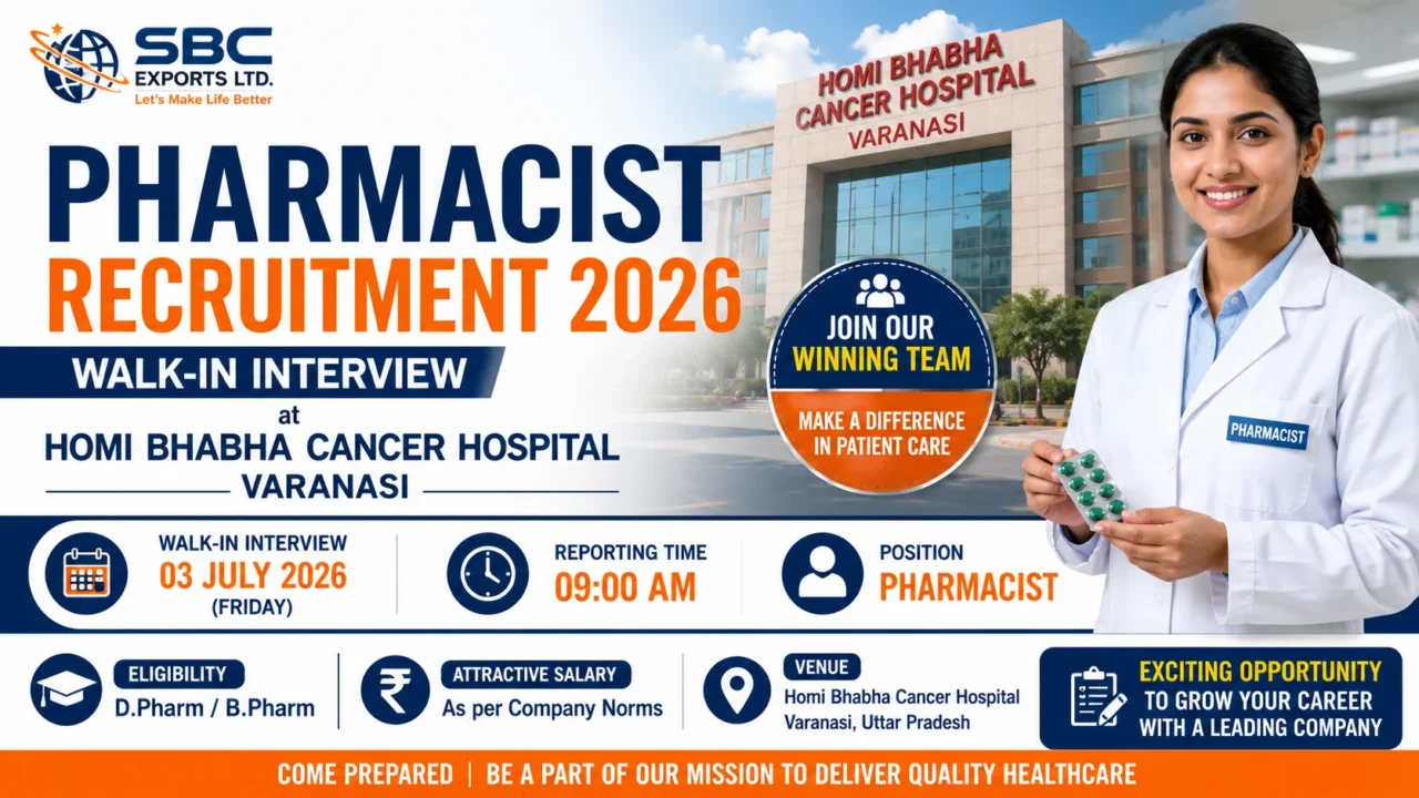 YouTube thumbnail promoting SBC Exports Pharmacist Recruitment 2026 featuring a walk-in interview opportunity at Homi Bhabha Cancer Hospital, Varanasi, with a pharmacist, hospital building, interview details, and eligibility information.