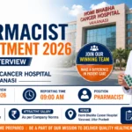 YouTube thumbnail promoting SBC Exports Pharmacist Recruitment 2026 featuring a walk-in interview opportunity at Homi Bhabha Cancer Hospital, Varanasi, with a pharmacist, hospital building, interview details, and eligibility information.