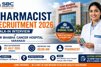 YouTube thumbnail promoting SBC Exports Pharmacist Recruitment 2026 featuring a walk-in interview opportunity at Homi Bhabha Cancer Hospital, Varanasi, with a pharmacist, hospital building, interview details, and eligibility information.