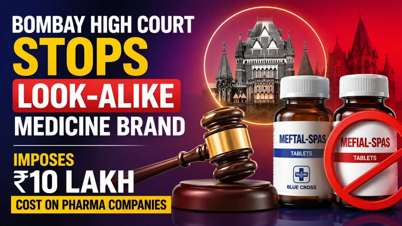 YouTube thumbnail showing a Bombay High Court building, judge’s gavel, and medicine bottles highlighting a trademark dispute over look-alike pharmaceutical brands, with a ₹10 lakh penalty imposed on pharma companies.