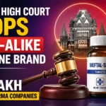 YouTube thumbnail showing a Bombay High Court building, judge’s gavel, and medicine bottles highlighting a trademark dispute over look-alike pharmaceutical brands, with a ₹10 lakh penalty imposed on pharma companies.