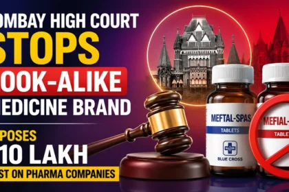 YouTube thumbnail showing a Bombay High Court building, judge’s gavel, and medicine bottles highlighting a trademark dispute over look-alike pharmaceutical brands, with a ₹10 lakh penalty imposed on pharma companies.