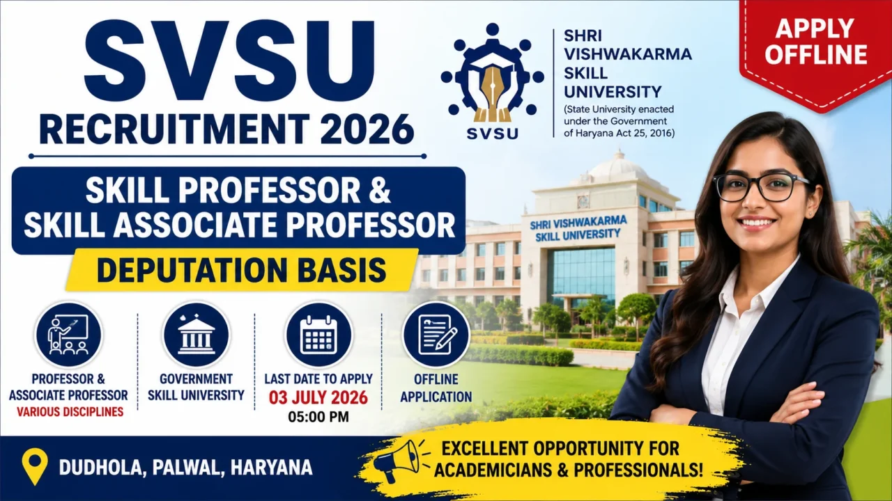 SVSU Recruitment 2026 thumbnail featuring Shri Vishwakarma Skill University campus, Skill Professor and Skill Associate Professor vacancies on deputation basis, offline application process, and Haryana location.