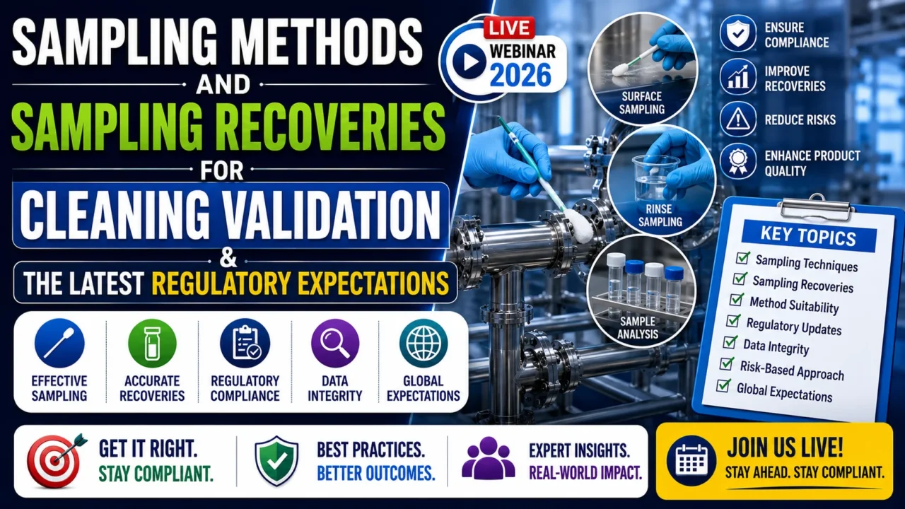 Professional pharmaceutical webinar thumbnail featuring cleaning validation sampling methods, sampling recovery studies, regulatory compliance requirements, surface and rinse sampling techniques, and GMP quality assurance practices.
