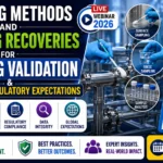 Professional pharmaceutical webinar thumbnail featuring cleaning validation sampling methods, sampling recovery studies, regulatory compliance requirements, surface and rinse sampling techniques, and GMP quality assurance practices.