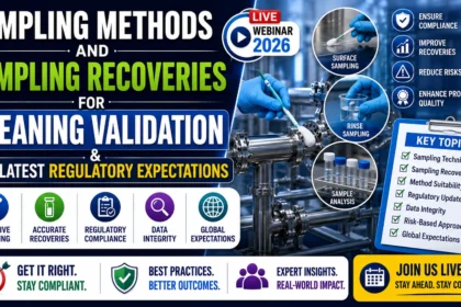 Professional pharmaceutical webinar thumbnail featuring cleaning validation sampling methods, sampling recovery studies, regulatory compliance requirements, surface and rinse sampling techniques, and GMP quality assurance practices.
