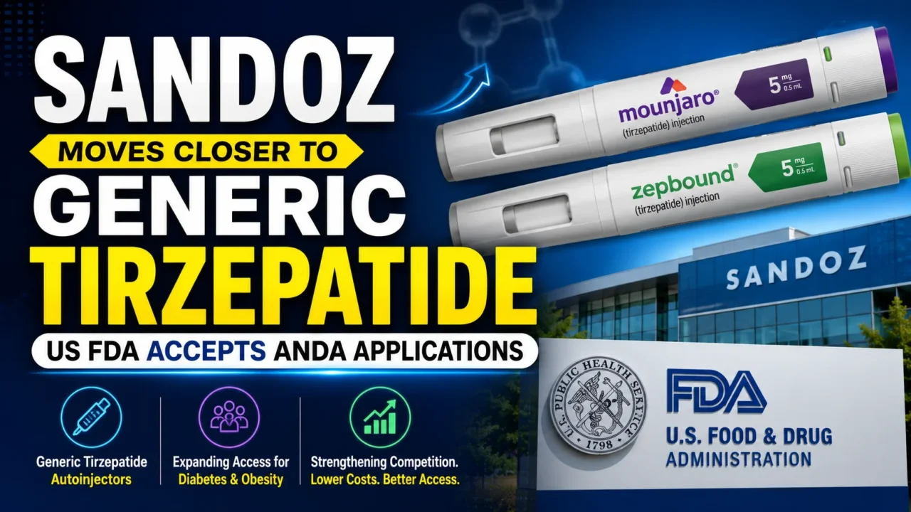 Sandoz generic tirzepatide announcement with Mounjaro and Zepbound autoinjectors, FDA acceptance, and US regulatory approval concept.