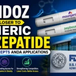 Sandoz generic tirzepatide announcement with Mounjaro and Zepbound autoinjectors, FDA acceptance, and US regulatory approval concept.