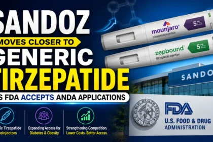 Sandoz generic tirzepatide announcement with Mounjaro and Zepbound autoinjectors, FDA acceptance, and US regulatory approval concept.