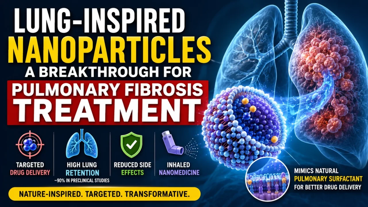 Illustration of lung-inspired nanoparticles delivering medicine directly to fibrotic lung tissue, highlighting targeted drug delivery, high lung retention, and reduced side effects in pulmonary fibrosis treatment.