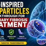 Illustration of lung-inspired nanoparticles delivering medicine directly to fibrotic lung tissue, highlighting targeted drug delivery, high lung retention, and reduced side effects in pulmonary fibrosis treatment.