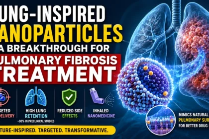 Illustration of lung-inspired nanoparticles delivering medicine directly to fibrotic lung tissue, highlighting targeted drug delivery, high lung retention, and reduced side effects in pulmonary fibrosis treatment.