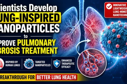 Scientific medical thumbnail showing human lungs, lung-inspired nanoparticles, and pulmonary fibrosis treatment innovation with advanced nanotechnology visuals and healthcare research theme.