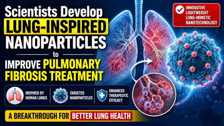 Scientific medical thumbnail showing human lungs, lung-inspired nanoparticles, and pulmonary fibrosis treatment innovation with advanced nanotechnology visuals and healthcare research theme.