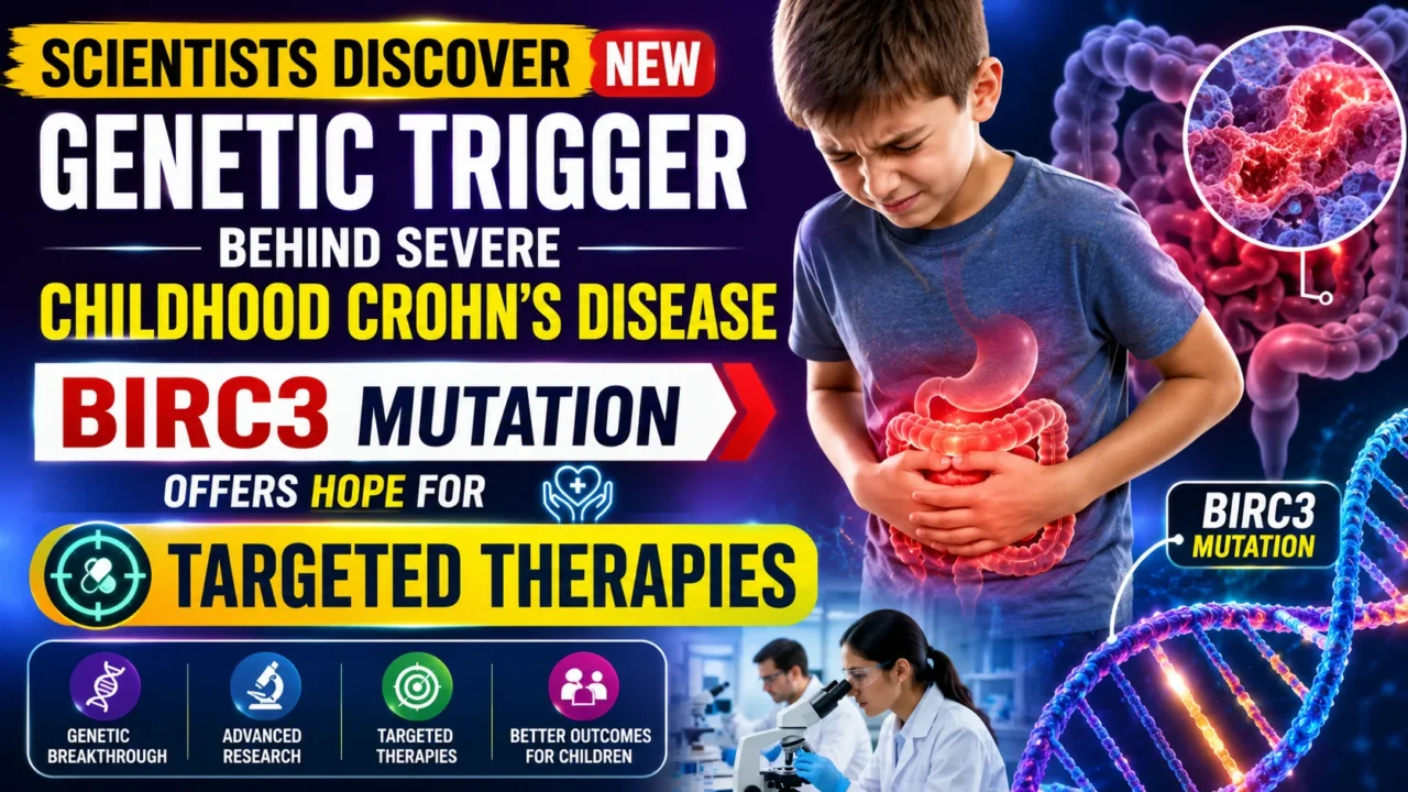 A vibrant medical news thumbnail showing a child with severe abdominal pain, DNA strands, intestinal graphics, and scientists in a laboratory, highlighting the discovery of the BIRC3 gene mutation linked to severe childhood Crohn's disease and the promise of targeted therapies.