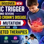 A vibrant medical news thumbnail showing a child with severe abdominal pain, DNA strands, intestinal graphics, and scientists in a laboratory, highlighting the discovery of the BIRC3 gene mutation linked to severe childhood Crohn's disease and the promise of targeted therapies.