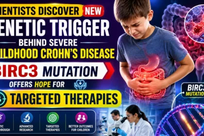 A vibrant medical news thumbnail showing a child with severe abdominal pain, DNA strands, intestinal graphics, and scientists in a laboratory, highlighting the discovery of the BIRC3 gene mutation linked to severe childhood Crohn's disease and the promise of targeted therapies.