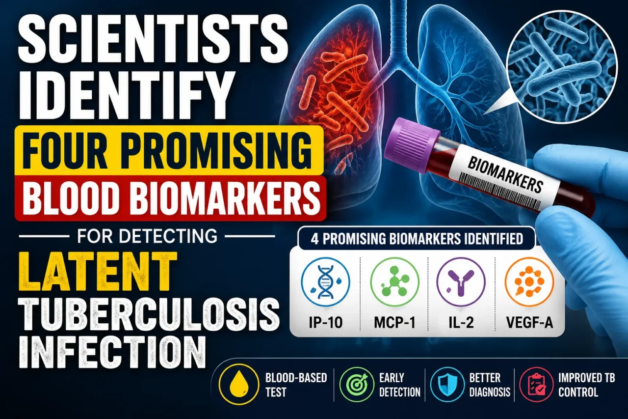 Medical research thumbnail showing lungs, a blood sample tube labeled biomarkers, tuberculosis bacteria, and a headline about four promising blood biomarkers for detecting latent tuberculosis infection.