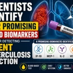 Medical research thumbnail showing lungs, a blood sample tube labeled biomarkers, tuberculosis bacteria, and a headline about four promising blood biomarkers for detecting latent tuberculosis infection.