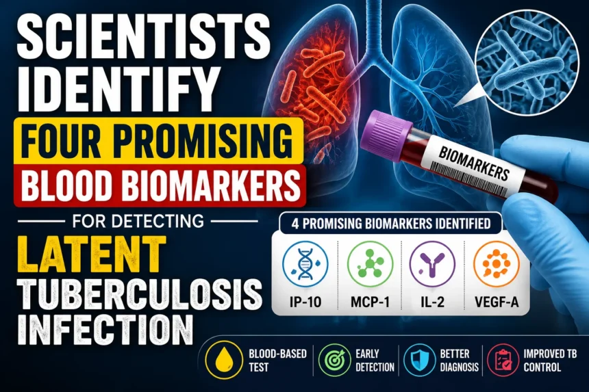 Medical research thumbnail showing lungs, a blood sample tube labeled biomarkers, tuberculosis bacteria, and a headline about four promising blood biomarkers for detecting latent tuberculosis infection.