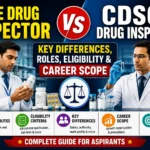 Comparison thumbnail featuring State Drug Inspector and CDSCO Drug Inspector roles side by side. The design includes pharmaceutical professionals, medicine inspection visuals, regulatory symbols, and bold text highlighting key differences, eligibility criteria, roles, responsibilities, career scope, and exam details.