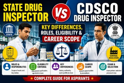 Comparison thumbnail featuring State Drug Inspector and CDSCO Drug Inspector roles side by side. The design includes pharmaceutical professionals, medicine inspection visuals, regulatory symbols, and bold text highlighting key differences, eligibility criteria, roles, responsibilities, career scope, and exam details.