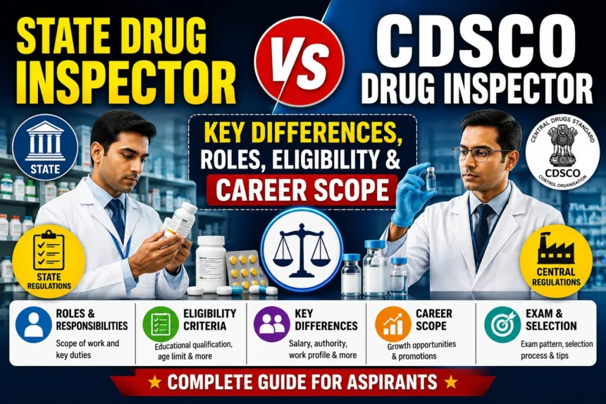 Comparison thumbnail featuring State Drug Inspector and CDSCO Drug Inspector roles side by side. The design includes pharmaceutical professionals, medicine inspection visuals, regulatory symbols, and bold text highlighting key differences, eligibility criteria, roles, responsibilities, career scope, and exam details.
