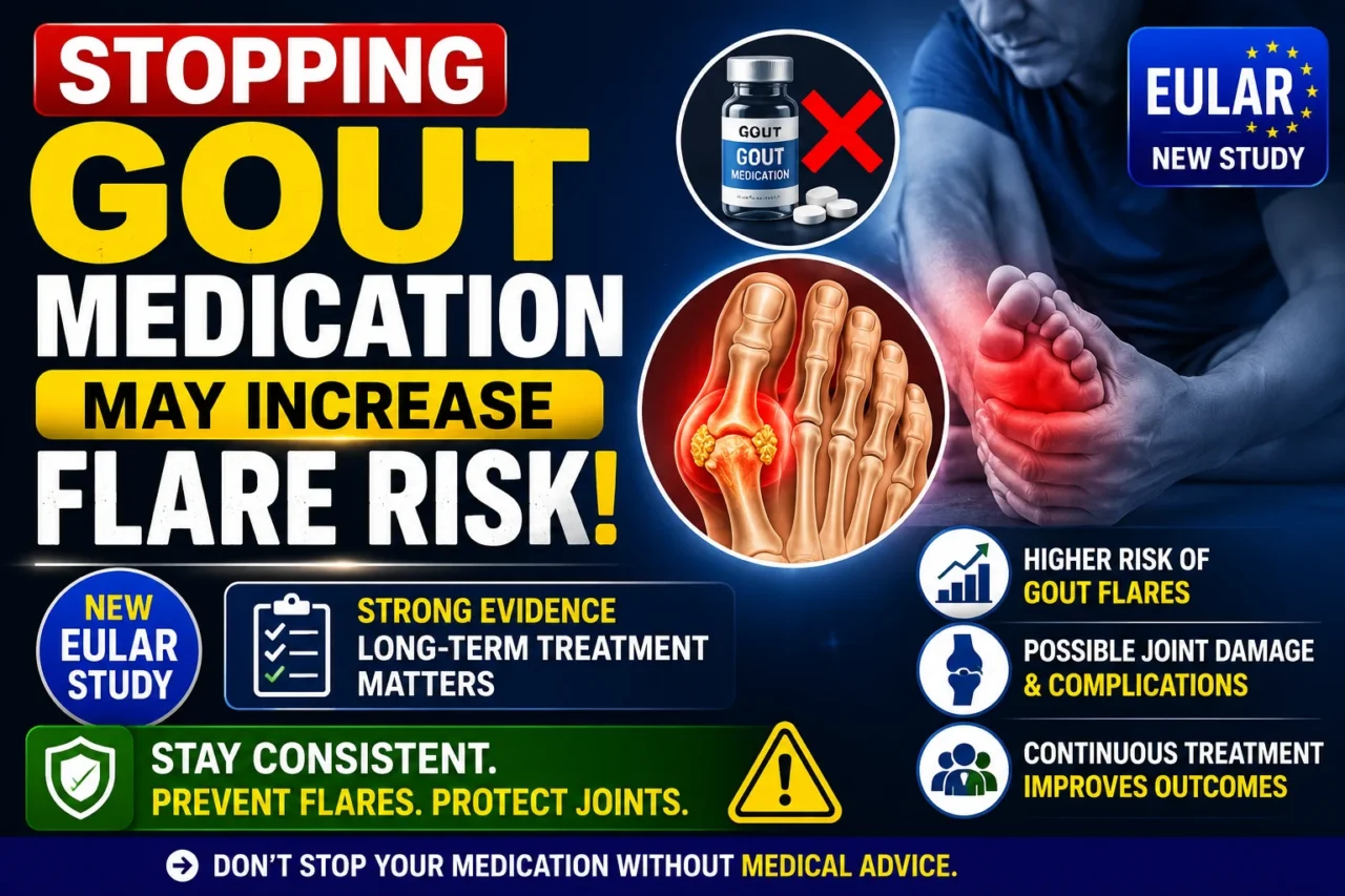 Medical news thumbnail highlighting a new EULAR study showing that stopping gout medication may increase the risk of gout flare-ups, featuring a painful inflamed foot joint, medication bottle, and long-term treatment awareness message.