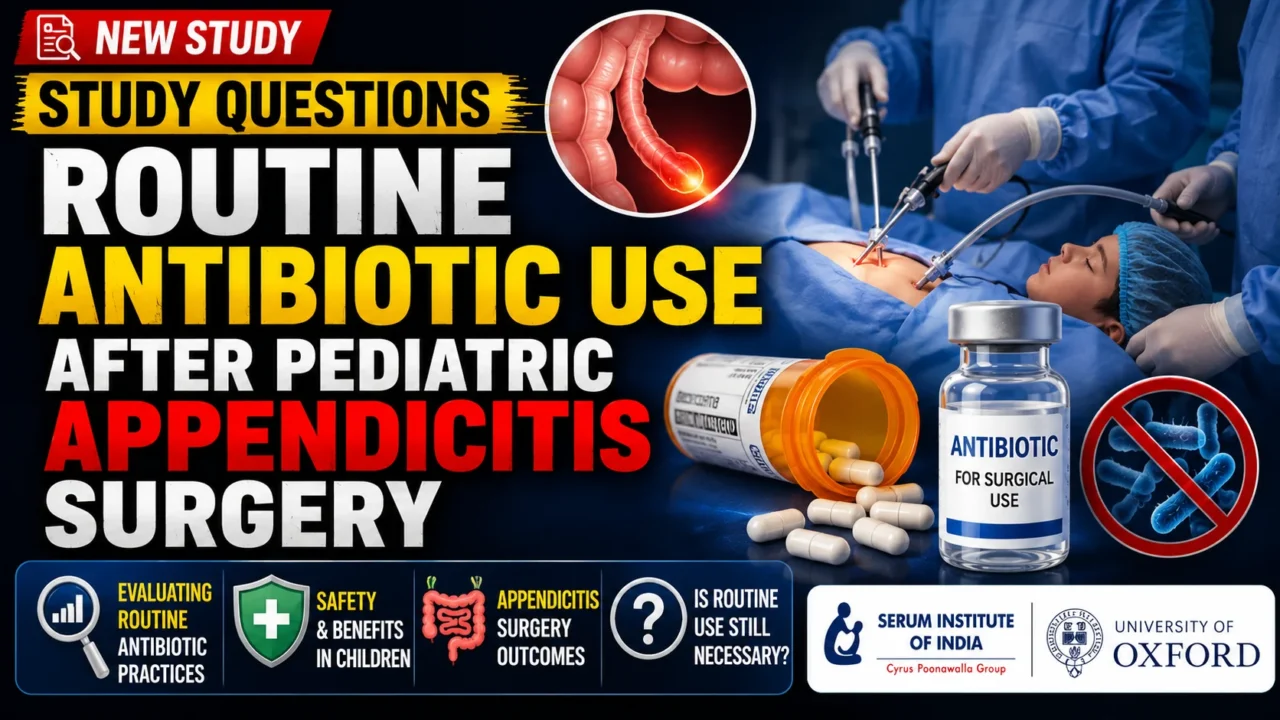 Medical research thumbnail highlighting a new study that questions routine antibiotic use after pediatric appendicitis surgery, featuring a child undergoing surgery, antibiotic medication, and healthcare research visuals.