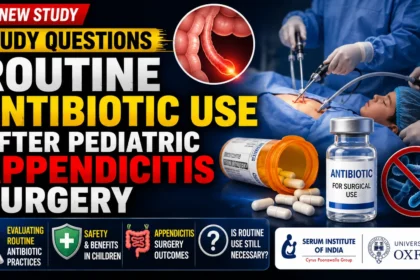 Medical research thumbnail highlighting a new study that questions routine antibiotic use after pediatric appendicitis surgery, featuring a child undergoing surgery, antibiotic medication, and healthcare research visuals.